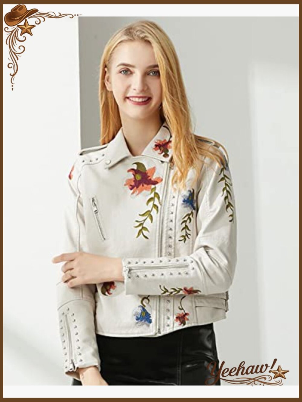 Embellished Faux Leather Moto Jacket Floral Embroidery Cropped - Picture 3 of 6